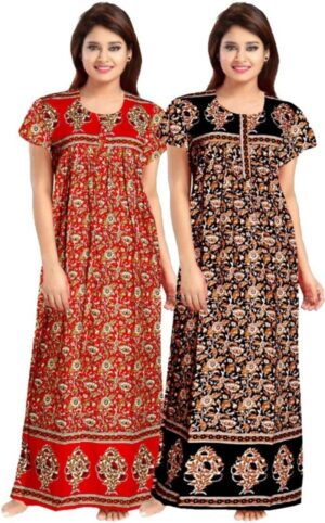 Cotton Nighty for Women || Long Length Printed Nighty/Maxi/Night Gown/Night Dress/Nightwear Inner & Sleepwear for Women's (Combo Pack of 2) (DSMF170-Nighty (P2)Red Black)