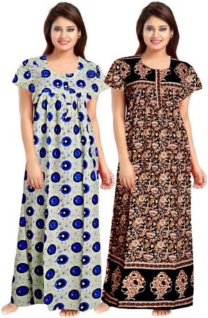 Cotton Nighty for Women || Long Length Printed Nighty/Maxi/Night Gown/Night Dress/Nightwear Inner & Sleepwear for Women's (Combo Pack of 2) (DSMF171-Nighty (P2)Multicolor)