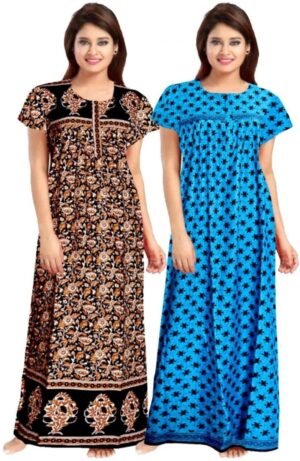 Cotton Nighty for Women || Long Length Printed Nighty/Maxi/Night Gown/Night Dress/Nightwear Inner & Sleepwear for Women's (Combo Pack of 2) (DSMF172-Nighty (P2)Black Blue)