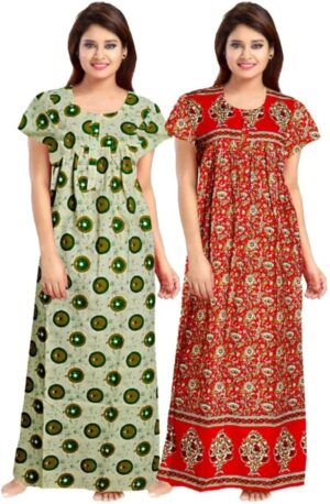 Cotton Nighty for Women || Long Length Printed Nighty/Maxi/Night Gown/Night Dress/Nightwear Inner & Sleepwear for Women's (Combo Pack of 2) (DSMF173-Nighty (P2)Green Red)