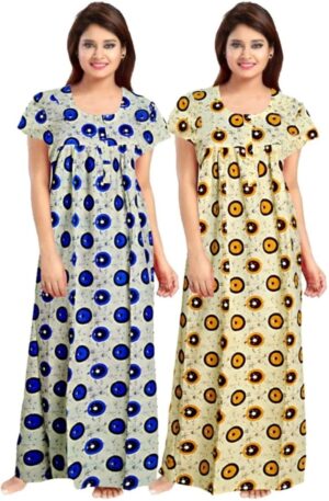 Cotton Nighty for Women || Long Length Printed Nighty/Maxi/Night Gown/Night Dress/Nightwear Inner & Sleepwear for Women's (Combo Pack of 2) (DSMF177-Nighty (P2)Blue Yellow)