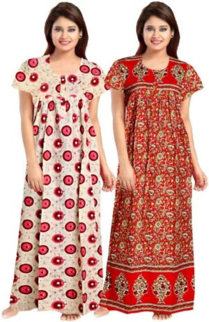 Cotton Nighty for Women || Long Length Printed Nighty/Maxi/Night Gown/Night Dress/Nightwear Inner & Sleepwear for Women's (Combo Pack of 2) (DSMF178-Nighty (P2)Pink Red)