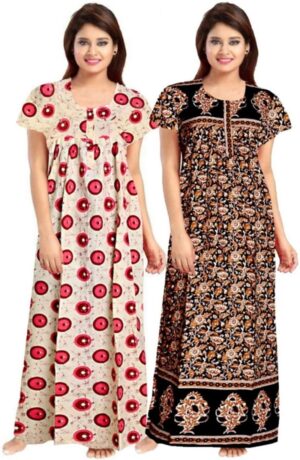 Cotton Nighty for Women || Long Length Printed Nighty/Maxi/Night Gown/Night Dress/Nightwear Inner & Sleepwear for Women's (Combo Pack of 2) (DSMF181-Nighty (P2)Pink Black)