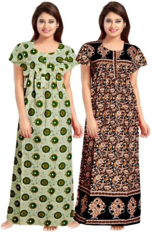 Cotton Nighty for Women || Long Length Printed Nighty/Maxi/Night Gown/Night Dress/Nightwear Inner & Sleepwear for Women's (Combo Pack of 2) (DSMF184-Nighty (P2)Green Black)