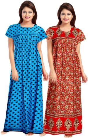 Cotton Nighty for Women || Long Length Printed Nighty/Maxi/Night Gown/Night Dress/Nightwear Inner & Sleepwear for Women's (Combo Pack of 2) (DSMF186-Nighty (P2)Blue Red)