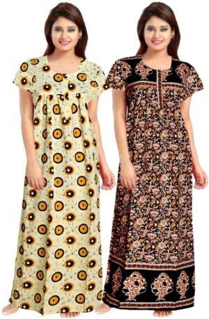 Cotton Nighty for Women || Long Length Printed Nighty/Maxi/Night Gown/Night Dress/Nightwear Inner & Sleepwear for Women's (Combo Pack of 2) (DSMF187-Nighty (P2)Yellow Black)