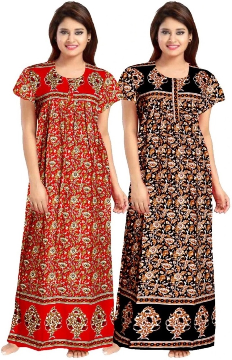 Cotton Nighty for Women || Long Length Printed Nighty/Maxi/Night Gown/Night Dress/Nightwear Inner & Sleepwear for Women's (Combo Pack of 2) (DSMF189-Nighty (P2)Red Black)