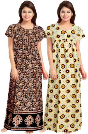 Cotton Nighty for Women || Long Length Printed Nighty/Maxi/Night Gown/Night Dress/Nightwear Inner & Sleepwear for Women's (Combo Pack of 2) (DSMF191-Nighty (P2)Brown Yellow)