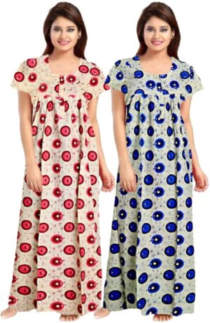 Cotton Nighty for Women || Long Length Printed Nighty/Maxi/Night Gown/Night Dress/Nightwear Inner & Sleepwear for Women's (Combo Pack of 2) (DSMF192-Nighty (P2)Pink Blue)
