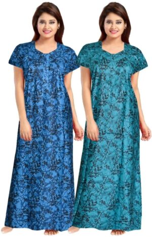 Cotton Nighty for Women || Long Length Printed Nighty/Maxi/Night Gown/Night Dress/Nightwear Inner & Sleepwear for Women's (Combo Pack of 2) (DSMF195-Nighty (P2)Blue Green)