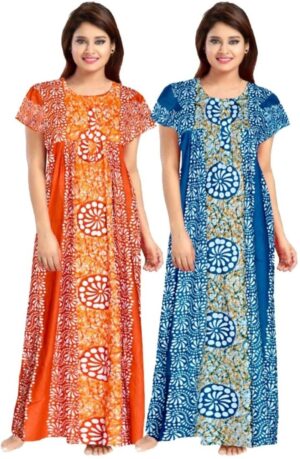 Cotton Nighty for Women || Long Length Printed Nighty/Maxi/Night Gown/Night Dress/Nightwear Inner & Sleepwear for Women's (Combo Pack of 2) (DSMF199-Nighty (P2)Orange Blue)