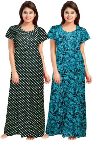 Cotton Nighty for Women || Long Length Printed Nighty/Maxi/Night Gown/Night Dress/Nightwear Inner & Sleepwear for Women's (Combo Pack of 2) (DSMF201-Nighty (P2)Black Green)