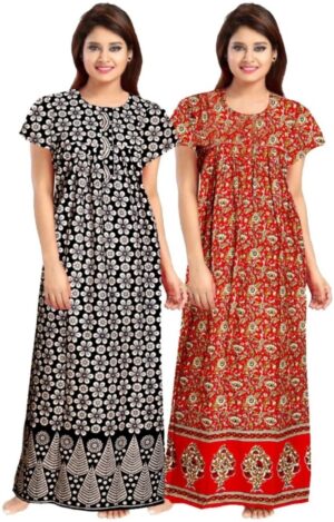 Cotton Nighty for Women || Long Length Printed Nighty/Maxi/Night Gown/Night Dress/Nightwear Inner & Sleepwear for Women's (Combo Pack of 2) (DSMF203-Nighty (P2)Black Red)