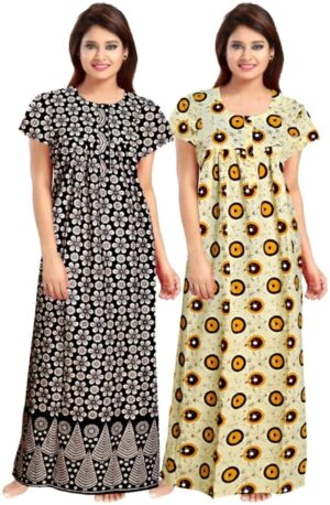 Cotton Nighty for Women || Long Length Printed Nighty/Maxi/Night Gown/Night Dress/Nightwear Inner & Sleepwear for Women's (Combo Pack of 2) (DSMF204-Nighty (P2)Black Yellow)