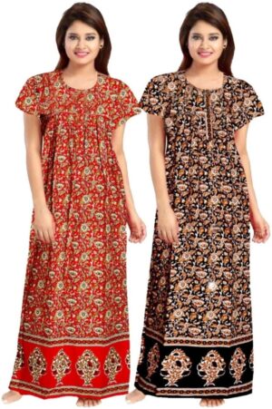 Cotton Nighty for Women || Long Length Printed Nighty/Maxi/Night Gown/Night Dress/Nightwear Inner & Sleepwear for Women's (Combo Pack of 2) (DSMF205-Nighty (P2)Red Black)