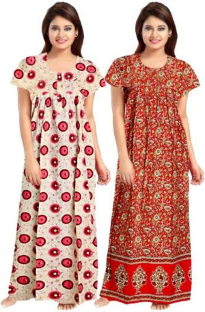 Cotton Nighty for Women || Long Length Printed Nighty/Maxi/Night Gown/Night Dress/Nightwear Inner & Sleepwear for Women's (Combo Pack of 2) (DSMF206-Nighty (P2)Pink Red)