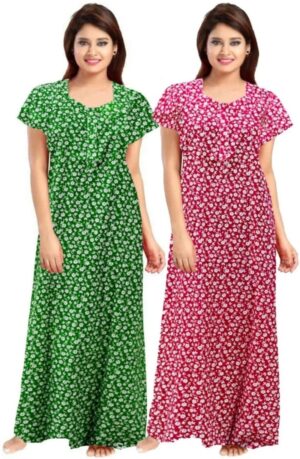 Cotton Nighty for Women || Long Length Printed Nighty/Maxi/Night Gown/Night Dress/Nightwear Inner & Sleepwear for Women's (Combo Pack of 2) (DSMF209-Nighty (P2)Green Pink)