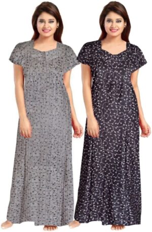 Cotton Nighty for Women || Long Length Printed Nighty/Maxi/Night Gown/Night Dress/Nightwear Inner & Sleepwear for Women's (Combo Pack of 2) (DSMF212-Nighty (P2)Grey Black)