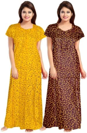 Cotton Nighty for Women || Long Length Printed Nighty/Maxi/Night Gown/Night Dress/Nightwear Inner & Sleepwear for Women's (Combo Pack of 2) (DSMF213-Nighty (P2)Yellow Brown)