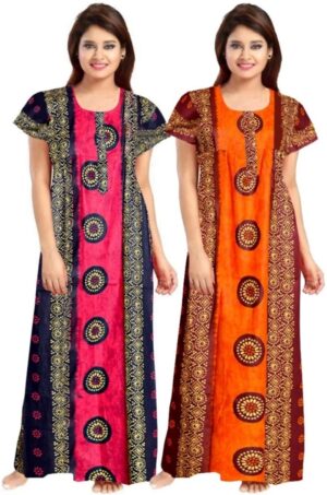 Cotton Nighty for Women || Long Length Printed Nighty/Maxi/Night Gown/Night Dress/Nightwear Inner & Sleepwear for Women's (Combo Pack of 2) (DSMF214-Nighty (P2)Pink Orange)