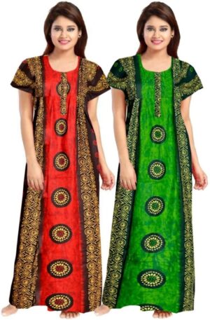 Cotton Nighty for Women || Long Length Printed Nighty/Maxi/Night Gown/Night Dress/Nightwear Inner & Sleepwear for Women's (Combo Pack of 2) (DSMF215-Nighty (P2)Red Green)
