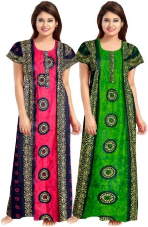 Cotton Nighty for Women || Long Length Printed Nighty/Maxi/Night Gown/Night Dress/Nightwear Inner & Sleepwear for Women's (Combo Pack of 2) (DSMF216-Nighty (P2)Pink Green)