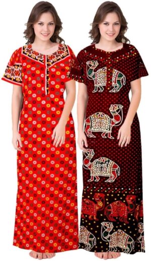 Cotton Nighty for Women || Long Length Printed Nighty/Maxi/Night Gown/Night Dress/Nightwear Inner & Sleepwear for Women's (Combo Pack of 2) (DSMF225-Nighty (P2)Red Maroon)