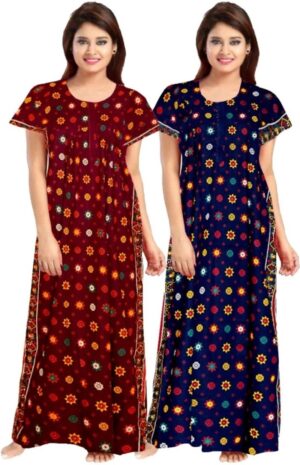 Cotton Nighty for Women || Long Length Printed Nighty/Maxi/Night Gown/Night Dress/Nightwear Inner & Sleepwear for Women's (Combo Pack of 2) (DSMF229-Nighty (P2)Maroon Blue)