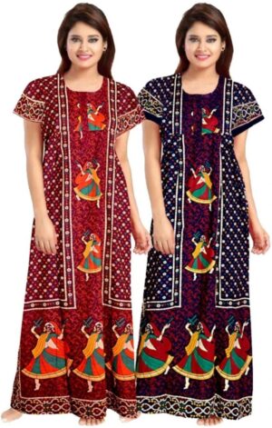 Cotton Nighty for Women || Long Length Printed Nighty/Maxi/Night Gown/Night Dress/Nightwear Inner & Sleepwear for Women's (Combo Pack of 2) (DSMF230-Nighty (P2)Maroon Blue)
