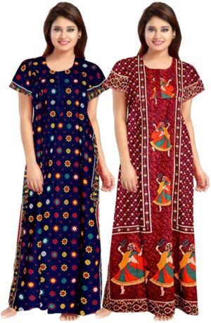 Cotton Nighty for Women || Long Length Printed Nighty/Maxi/Night Gown/Night Dress/Nightwear Inner & Sleepwear for Women's (Combo Pack of 2) (DSMF233-Nighty (P2)Blue Maroon)
