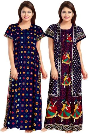 Cotton Nighty for Women || Long Length Printed Nighty/Maxi/Night Gown/Night Dress/Nightwear Inner & Sleepwear for Women's (Combo Pack of 2) (DSMF234-Nighty (P2)Blue Multicolor)