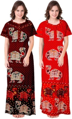 Cotton Nighty for Women || Long Length Printed Nighty/Maxi/Night Gown/Night Dress/Nightwear Inner & Sleepwear for Women's (Combo Pack of 2) (DSMF235-Nighty (P2)Maroon Red)