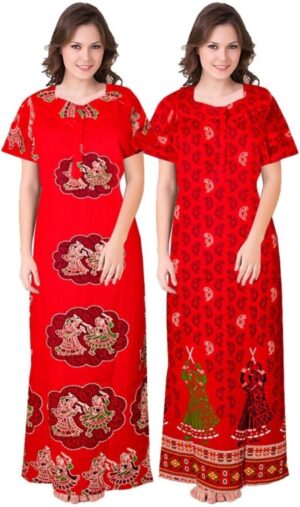Cotton Nighty for Women || Long Length Printed Nighty/Maxi/Night Gown/Night Dress/Nightwear Inner & Sleepwear for Women's (Combo Pack of 2) (DSMF237-Nighty (P2)Red Multicolor)