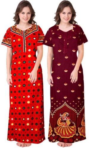 Cotton Nighty for Women || Long Length Printed Nighty/Maxi/Night Gown/Night Dress/Nightwear Inner & Sleepwear for Women's (Combo Pack of 2) (DSMF239-Nighty (P2)Red Maroon)