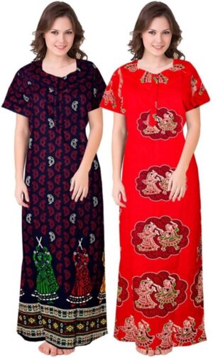 Cotton Nighty for Women || Long Length Printed Nighty/Maxi/Night Gown/Night Dress/Nightwear Inner & Sleepwear for Women's (Combo Pack of 2) (DSMF240-Nighty (P2)Blue Red)