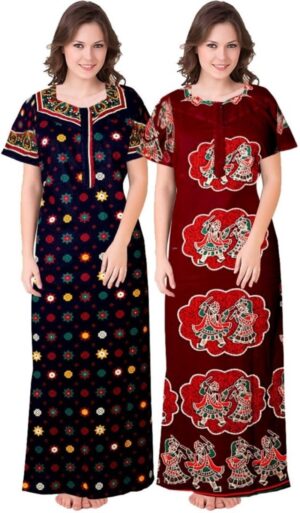 Cotton Nighty for Women || Long Length Printed Nighty/Maxi/Night Gown/Night Dress/Nightwear Inner & Sleepwear for Women's (Combo Pack of 2) (DSMF241-Nighty (P2)Blue Maroon)