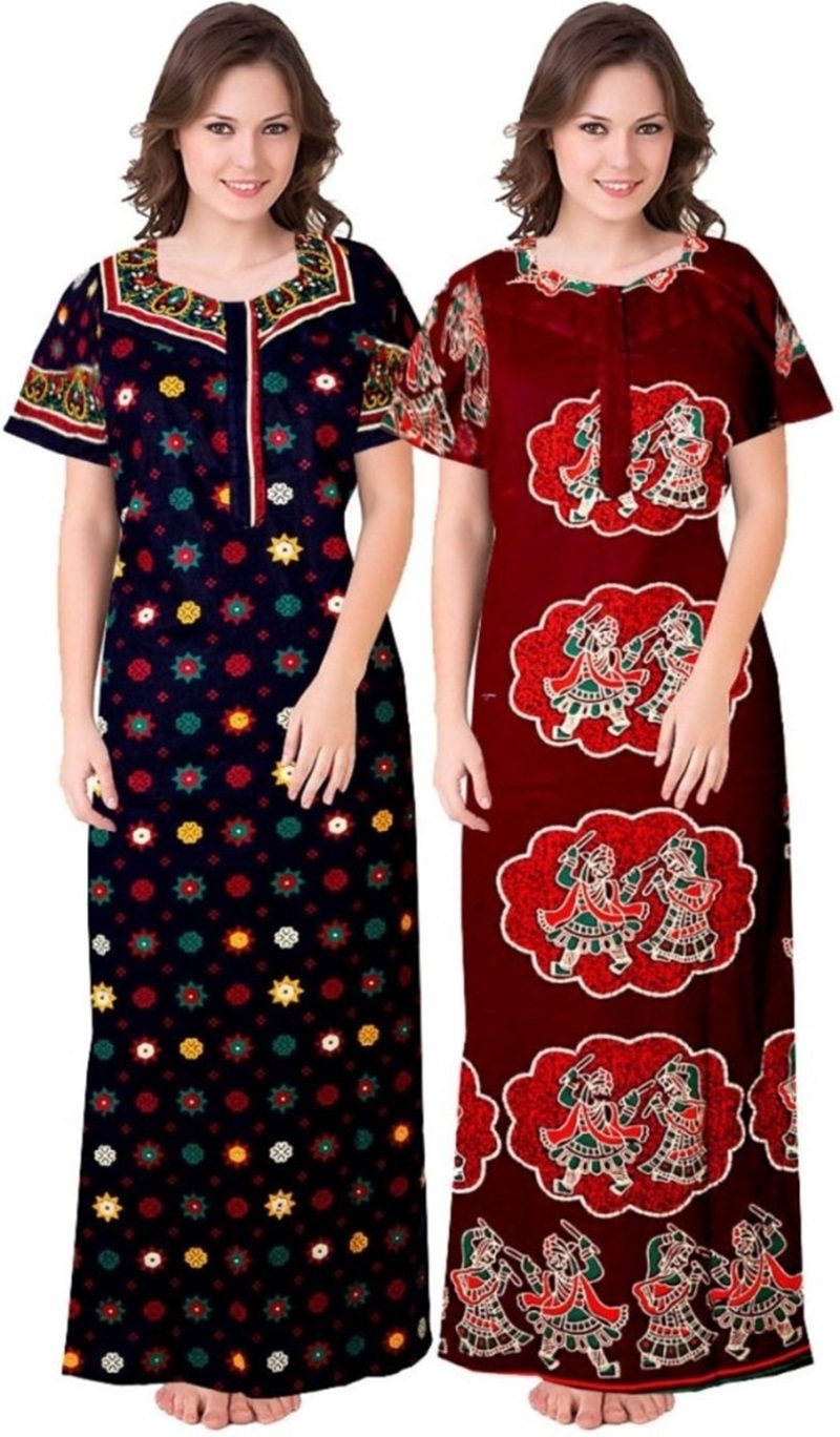 Cotton Nighty for Women || Long Length Printed Nighty/Maxi/Night Gown/Night Dress/Nightwear Inner & Sleepwear for Women's (Combo Pack of 2) (DSMF241-Nighty (P2)Blue Maroon)