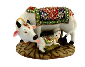 Dust Polyresin Decorative Marble Kamdhenu Cow and Calf Big Handcrafted Statue, 6-inch, Multicolour.(SD-035-Cow & Calf (DA015-CBP_cow)