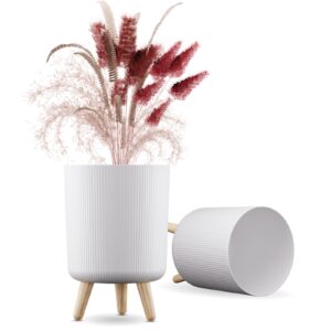 DropShopee Modern White Flower Pot with Wooden Legs 13 Inch Tall 9L Capacity | Indoor Outdoor Planter for Home Garden Balcony Decor Ribbed Design Sturdy Plastic Mid-Century Style (Pack of 1) (SL003-BIG FLOWERPOT (Set of-1)
