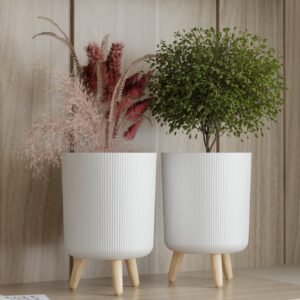 DropShopee Modern White Flower Pot with Wooden Legs 13 Inch Tall 9L Capacity | Indoor Outdoor Planter for Home Garden Balcony Decor Ribbed Design Sturdy Plastic Mid-Century Style (Pack of 2) (SL003-BIG FLOWERPOT (Set of-2)