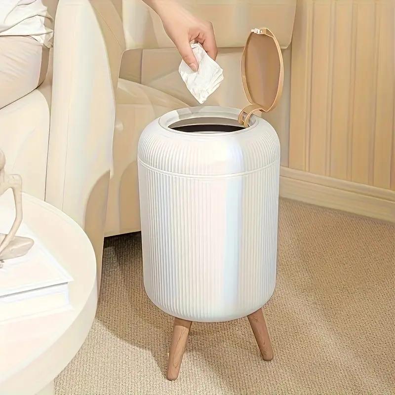 DropShopee Stylish floor-standing dustbin with modern ribbed design, wooden legs, and a flip-top lid. Perfect for kitchens, living rooms, and offices, offering functionality with elegant d?cor.(Set of 2) (SL007-DUSTBIN (Set of-2) - Image 2
