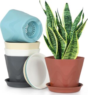 DropShopee Plastic Round Flower Pots with Drainage Hole Saucers | Durable Outdoor Indoor Wave Pattern Planters with Tray | Plant Containers for Balcony, Garden, and Home (Set of 5, Multicolour) (SL010-HEXA FLOWERPOT (Set of 5)