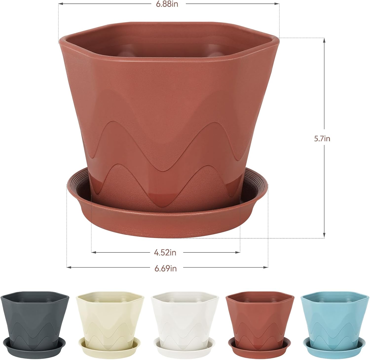 DropShopee Plastic Round Flower Pots with Drainage Hole Saucers | Durable Outdoor Indoor Wave Pattern Planters with Tray | Plant Containers for Balcony, Garden, and Home (Set of 5, Multicolour) (SL010-HEXA FLOWERPOT (Set of 5) - Image 2