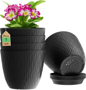 DropShopee Plastic Round Flower Pots with Drainage Hole Saucers | Durable Outdoor Indoor Wave Pattern Planters with Tray | Plant Containers for Garden, Office, Balcony and Home (Set of 5, Black) (SL019-UNIQ WAVEFLOWERPOT BLACK)