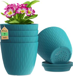 DropShopee Plastic Round Flower Pots with Drainage Hole Saucers | Durable Outdoor Indoor Wave Pattern Planters with Tray | Plant Containers for Garden, Office, Balcony and Home (Set of 5, Blue Green) (SL019-UNIQ WAVEFLOWERPOT BLUE GREEN)