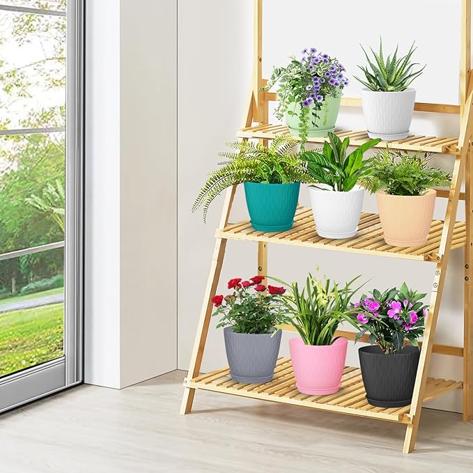 DropShopee Plastic Round Flower Pots with Drainage Hole Saucers | Durable Outdoor Indoor Wave Pattern Planters with Tray | Plant Containers for Garden, Office, Balcony and Home (Set of 5, Multicolor) (SL019-UNIQ WAVEFLOWERPOT MULTICOLOR) - Image 2