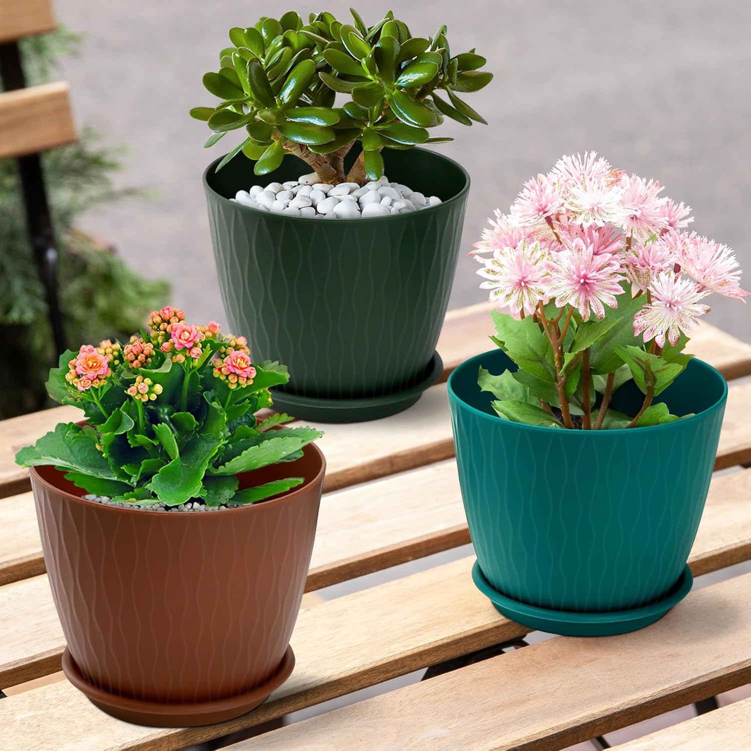 DropShopee Plastic Round Flower Pots with Drainage Hole Saucers | Durable Outdoor Indoor Wave Pattern Planters with Tray | Plant Containers for Garden, Office, Balcony and Home (Set of 5, Multicolor) (SL019-UNIQ WAVEFLOWERPOT MULTICOLOR) - Image 3