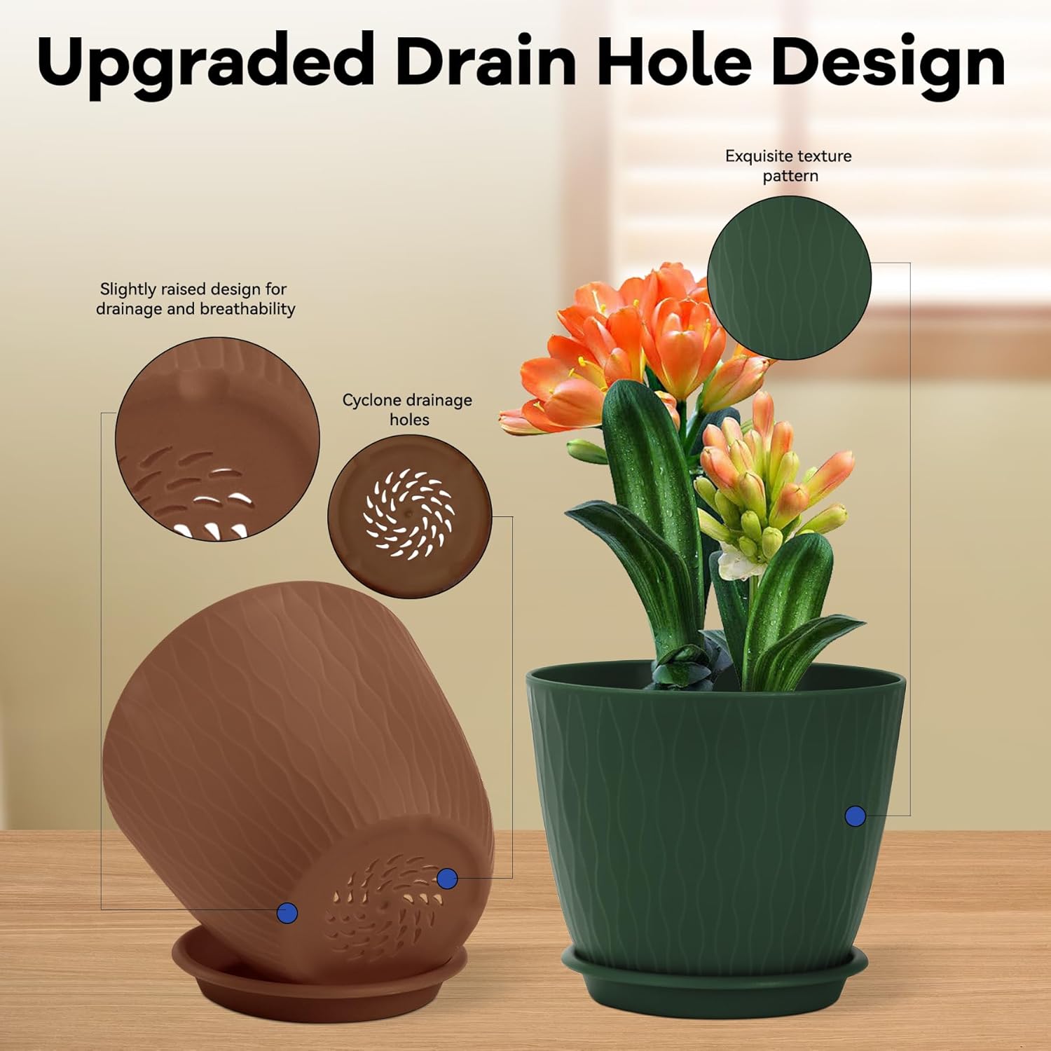 DropShopee Plastic Round Flower Pots with Drainage Hole Saucers | Durable Outdoor Indoor Wave Pattern Planters with Tray | Plant Containers for Garden, Office, Balcony and Home (Set of 5, Multicolor) (SL019-UNIQ WAVEFLOWERPOT MULTICOLOR) - Image 4