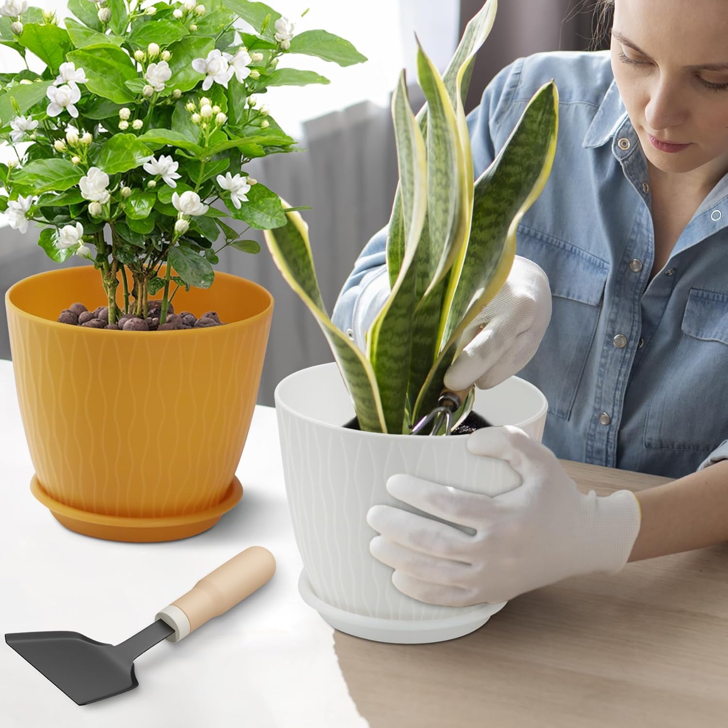 DropShopee Plastic Round Flower Pots with Drainage Hole Saucers | Durable Outdoor Indoor Wave Pattern Planters with Tray | Plant Containers for Garden, Office, Balcony and Home (Set of 5, Multicolor) (SL019-UNIQ WAVEFLOWERPOT MULTICOLOR) - Image 5