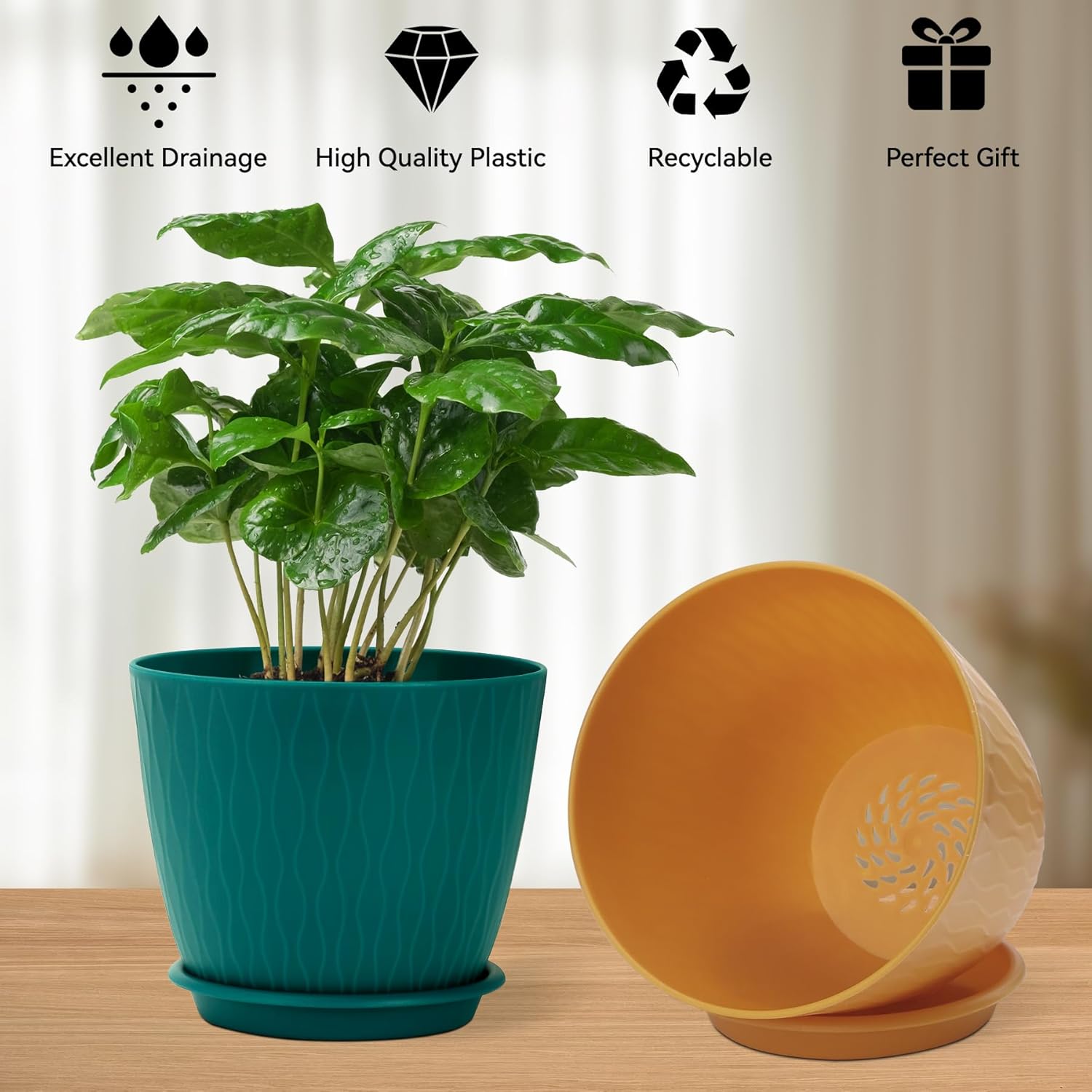 DropShopee Plastic Round Flower Pots with Drainage Hole Saucers | Durable Outdoor Indoor Wave Pattern Planters with Tray | Plant Containers for Garden, Office, Balcony and Home (Set of 5, Multicolor) (SL019-UNIQ WAVEFLOWERPOT MULTICOLOR) - Image 6